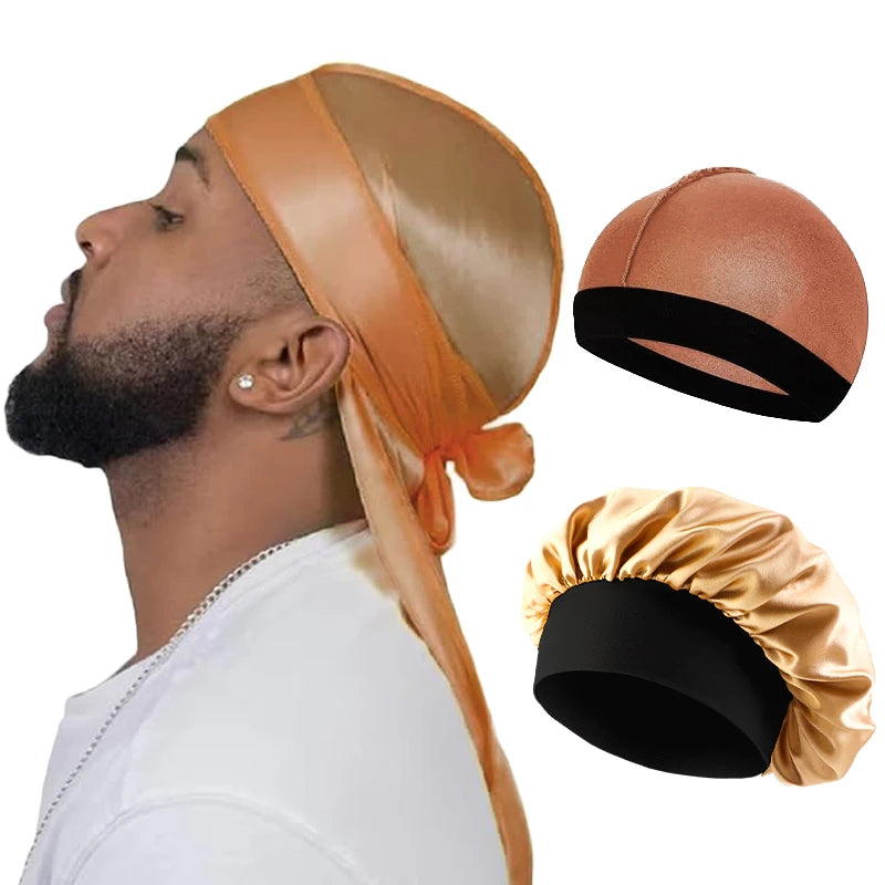 3PCS/LOT Men Silky Durag Long Tail Pirate Hat Headband Turban Dome Wave Cap Unisex Wig Cap Elastic Band Satin Bonnet