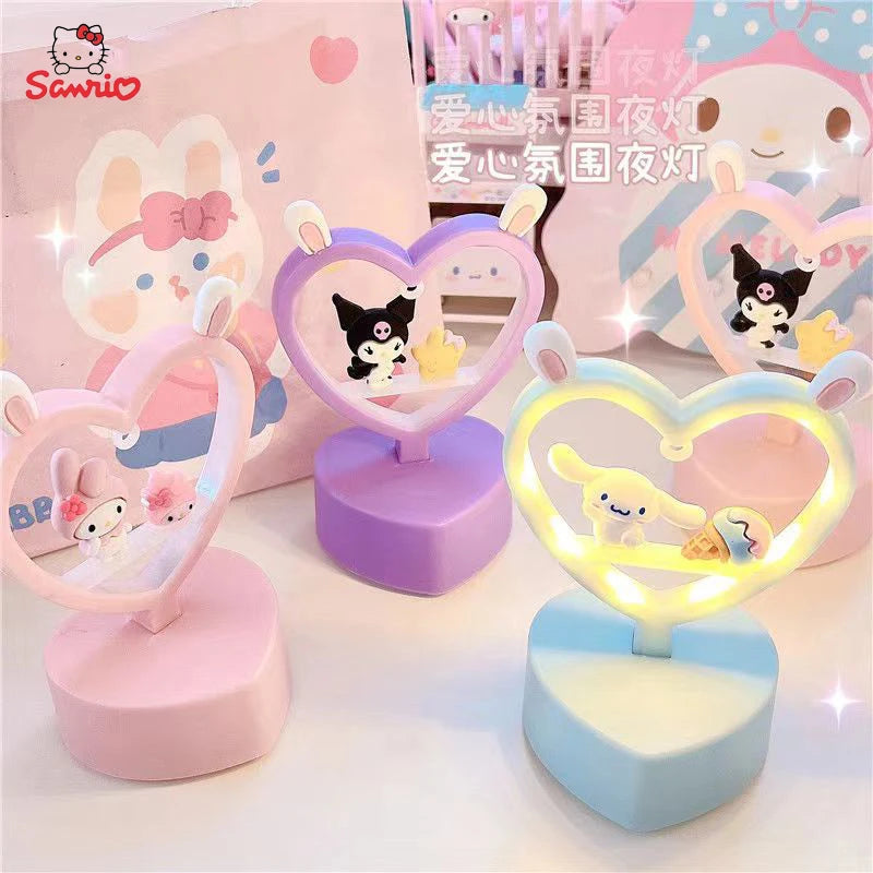 Sanrio Night Light Hello Kitty Cinnamoroll Melody Kuromi Cartoon Kids Glow Table Lamp Creative Heart Shaped Night light Gifts