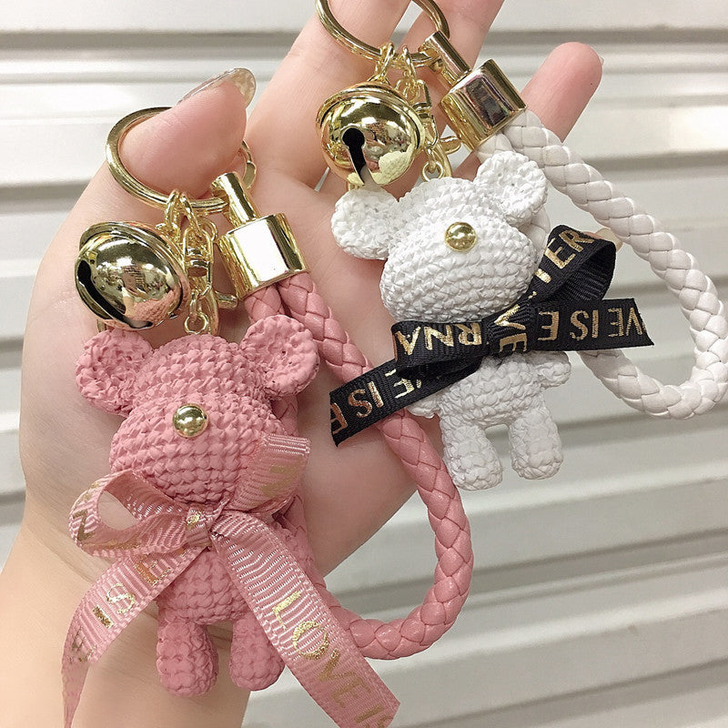 Cute Resin Woolen Little Bear Bow Rabbit Keychain Holiday Car Key Ring For Girls Creative Gift Weaving Fashion Doll Bag Pendant