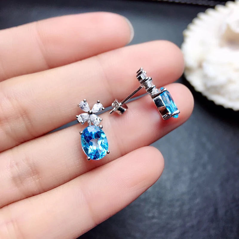 Huitan Chic Flower Earrings for Women Aesthetic Sky Blue Cubic Zirconia Ear Stud Earrings Wedding Party Fancy Gift Trend Jewelry