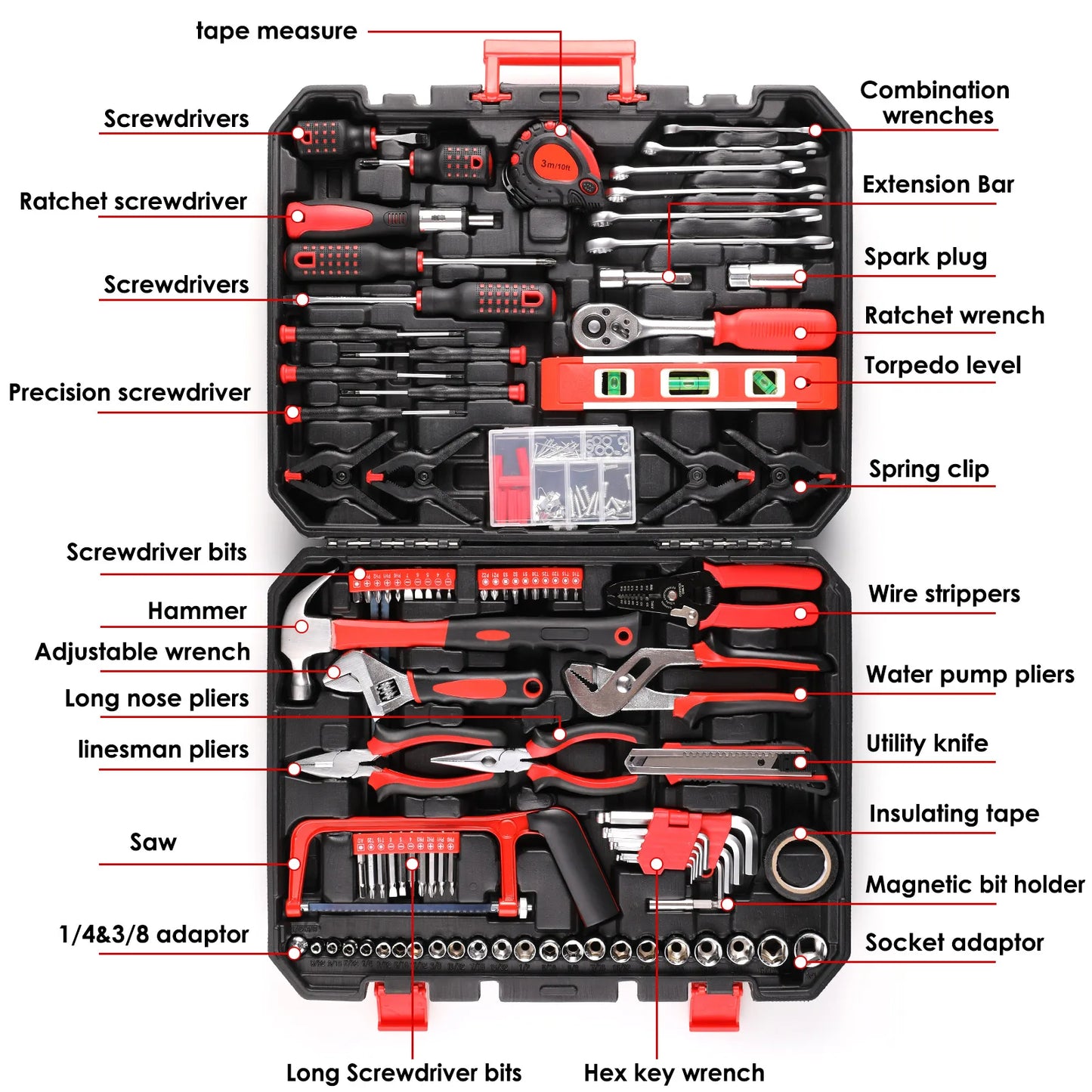 198 Piece Socket Wrench Auto Repair Tool Combination Package Mixed Tool Set Hand Tool Kit with Plastic Toolbox Storage Case