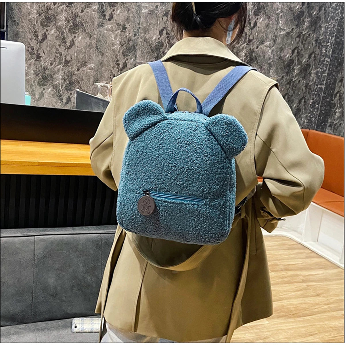 1Pcs Cute Bear Ear Fleece Small Backpack Kids Girls Casual Warm Lambswool Daypack Bag Schoolbag Rucksack for Travel Shopping-LJX