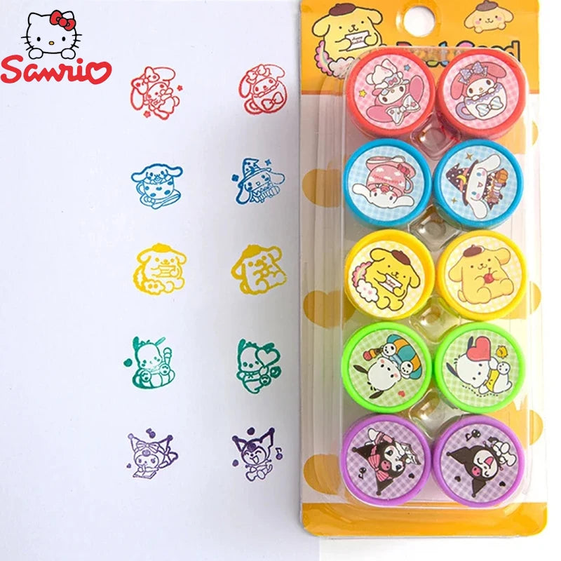 Anime 10Pcs/Set Sanrio Self-ink Stamps Hello Kitty Kuromi Melody Cinnamoroll Face Seal Diy Painting Photo Album Stamp Kids Toys