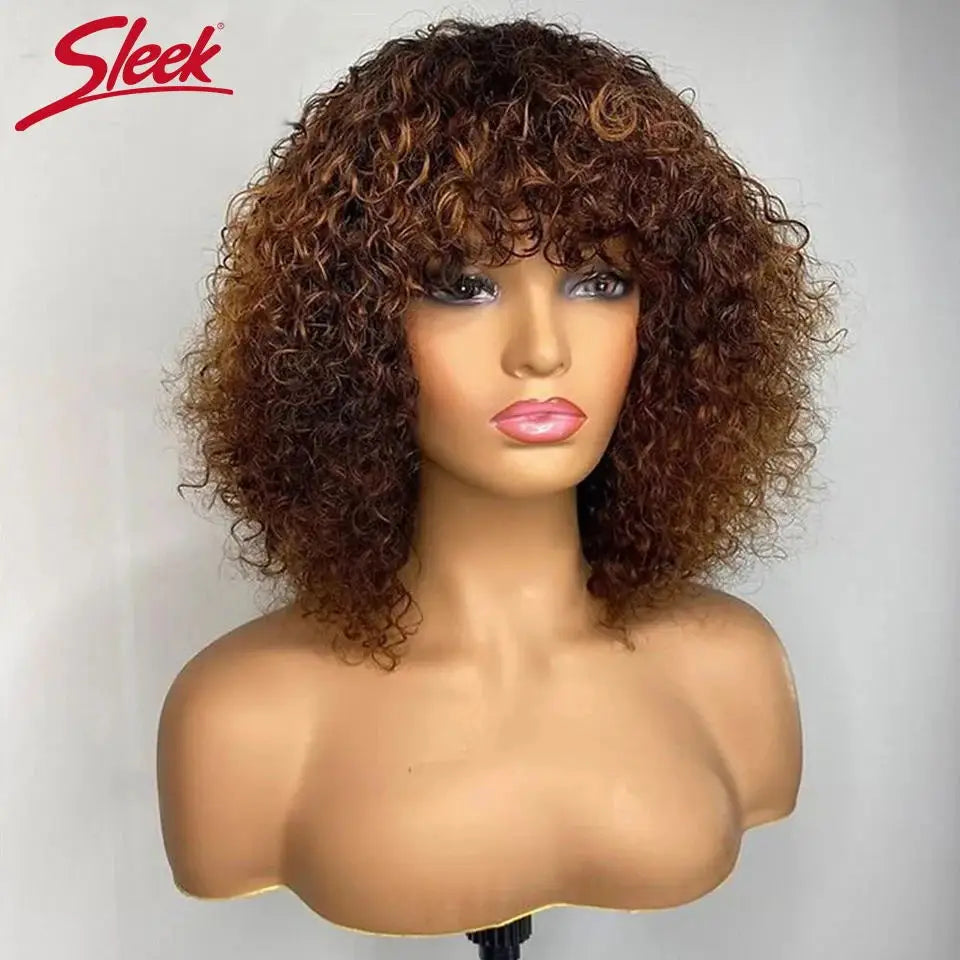 Jerry Curly Glueless Wig Highlight P4/30/27 Water Wave Short Pixie Bob Cut Human Hair Wigs With Bangs Blonde Wigs For Women