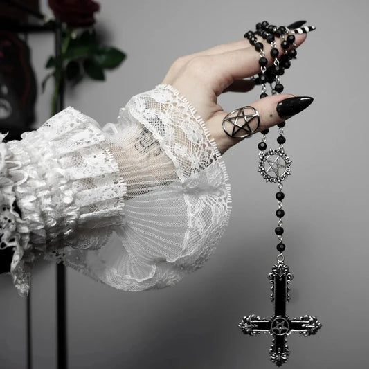 Stunning  Pentagram Cross necklace Black Crystal  Gothic Statement Rosary Style Grunge Necklaces Men Women  Jewelrye y2k