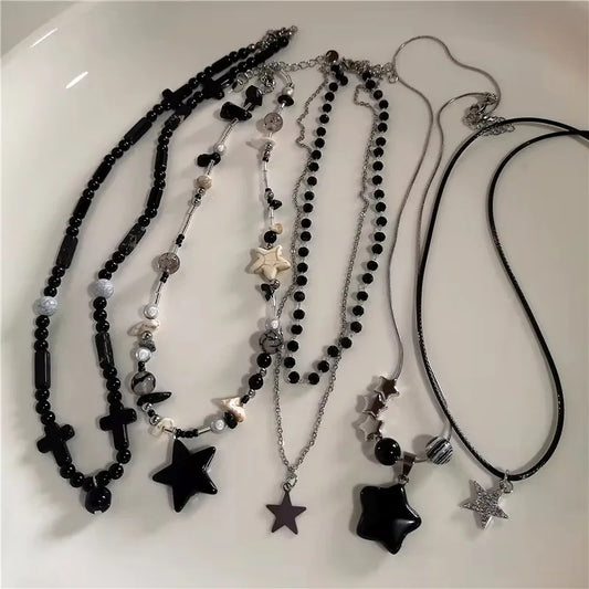 Punk Y2K Grunge Black Star Pendant Beaded Silver Color Chain Choker Necklace For Women Men Goth Charm EMO 2000s Jewely Accessory