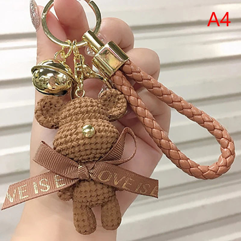 Cute Resin Woolen Little Bear Bow Rabbit Keychain Holiday Car Key Ring For Girls Creative Gift Weaving Fashion Doll Bag Pendant