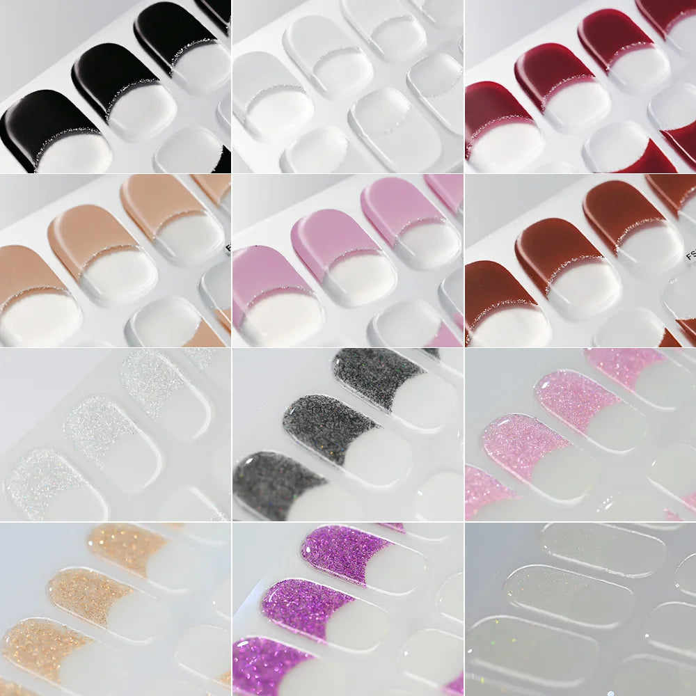 16Tips French UV Semi-Cured Nail Art Stickers 6-colors Full Cover Gel Nail Decal LongLasting For UV Lamp Adhesive Manicure Patch