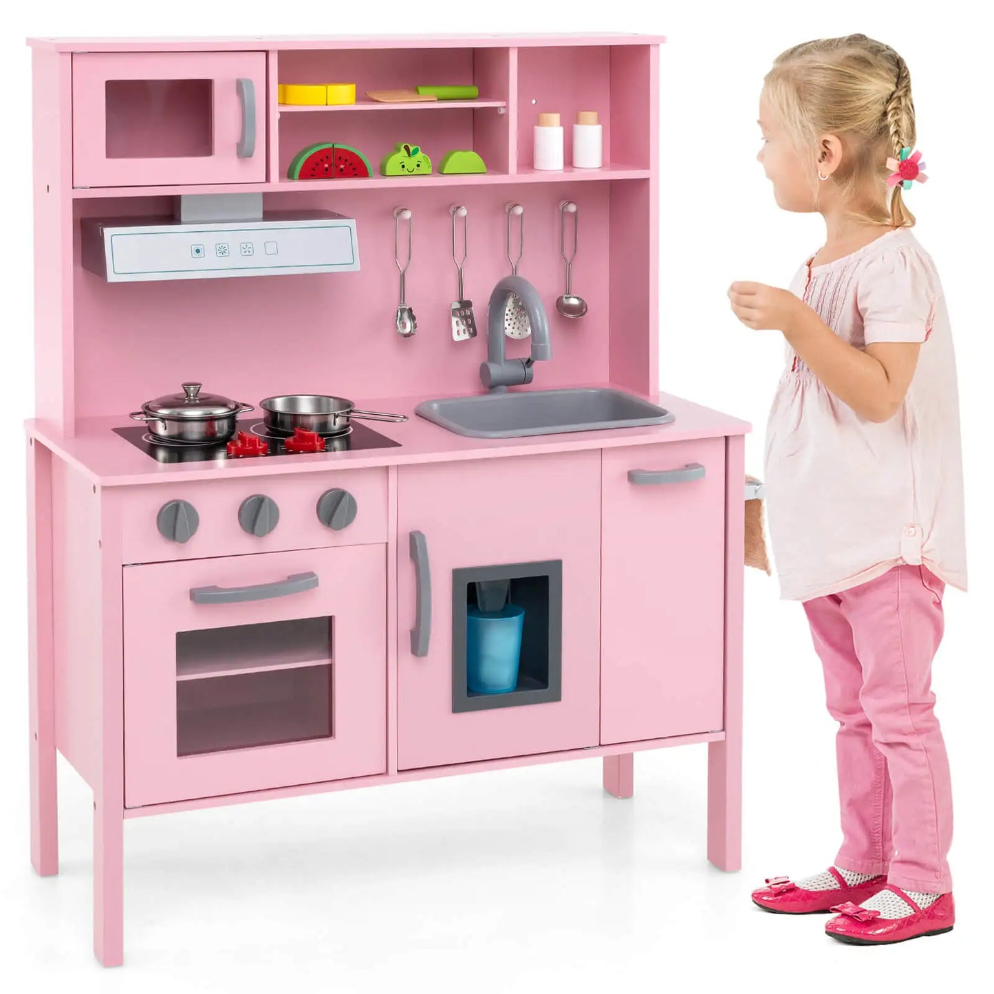 Kids Kitchen Playset Wooden Pretend Play Chef Toy w/ Microwave & Accessories