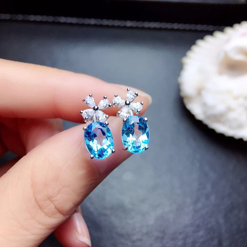 Huitan Chic Flower Earrings for Women Aesthetic Sky Blue Cubic Zirconia Ear Stud Earrings Wedding Party Fancy Gift Trend Jewelry