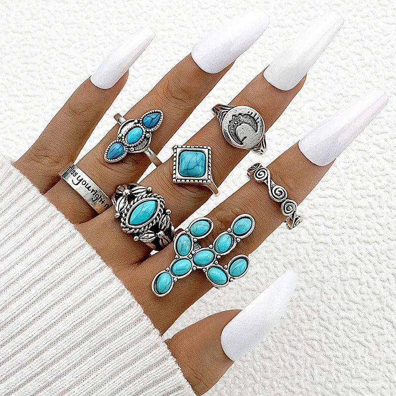 Tocona Vintage Green Stone Romantic Flower Finger Rings Set for Women Men Ethnic Style Snake Alloy Metal Party Jewelry Anillos