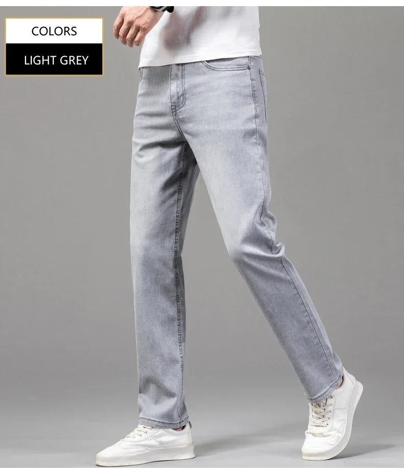 Summer Thin Men's Elastic Cotton Jeans Fashion Gray Comfortable Business Straight Casual Pants Brand Male Clothes Trousers