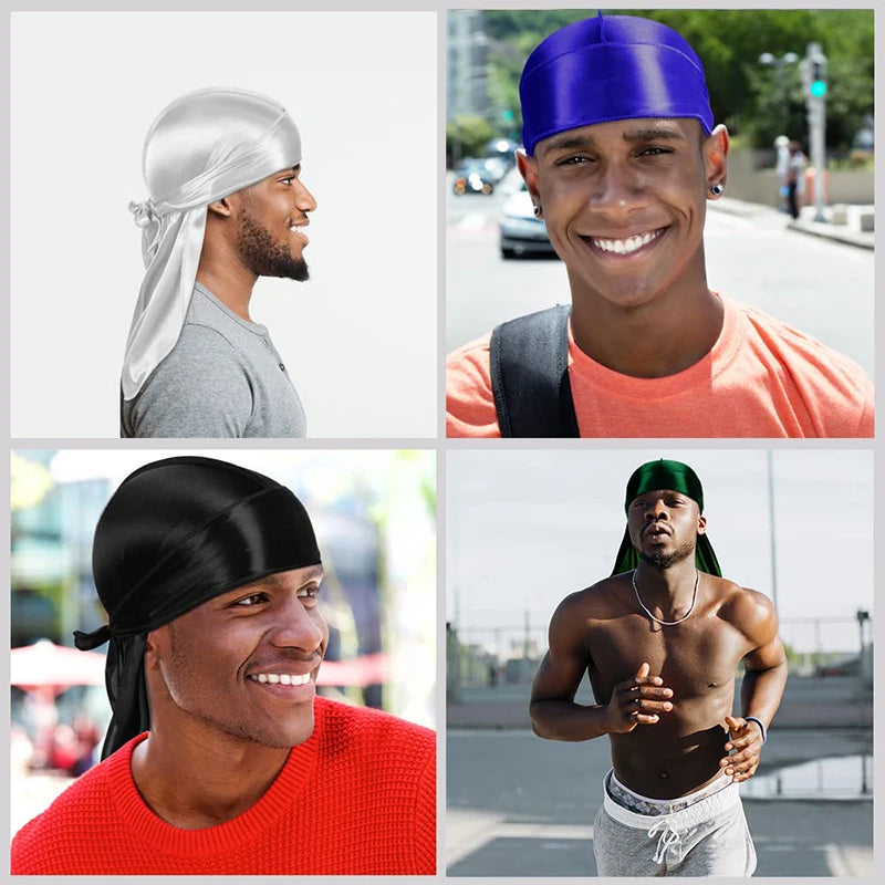 3PCS/LOT Men Silky Durag Long Tail Pirate Hat Headband Turban Dome Wave Cap Unisex Wig Cap Elastic Band Satin Bonnet