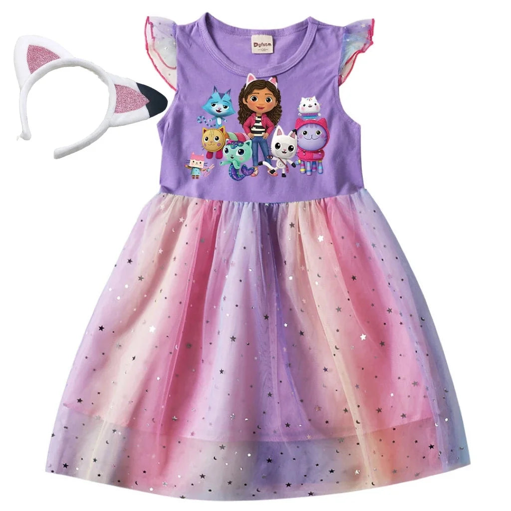 Baby Girls Dress Children Cartoon Mesh Star Sequins Princess Dress Kids Flying Sleeve Skirt +Headwear For Daily Birthday Gift