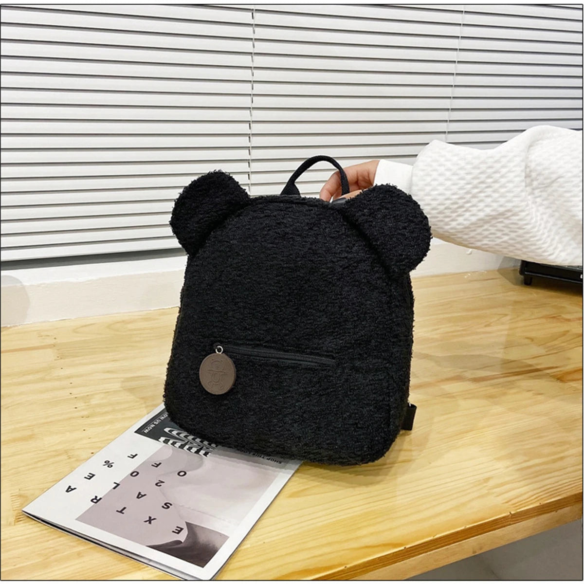 1Pcs Cute Bear Ear Fleece Small Backpack Kids Girls Casual Warm Lambswool Daypack Bag Schoolbag Rucksack for Travel Shopping-LJX