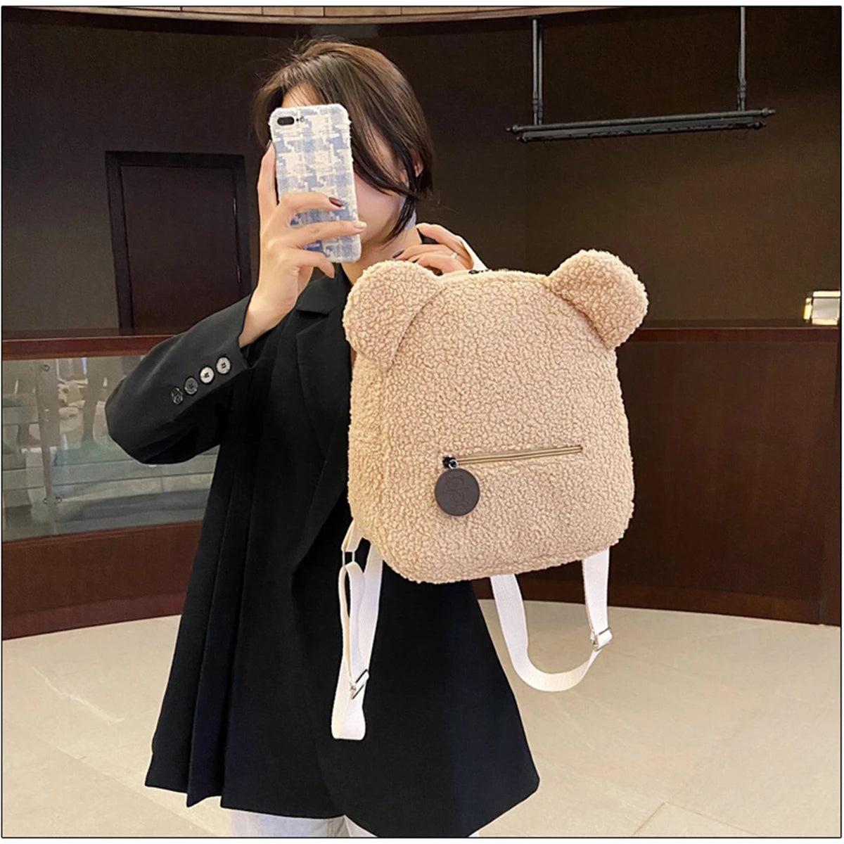 1Pcs Cute Bear Ear Fleece Small Backpack Kids Girls Casual Warm Lambswool Daypack Bag Schoolbag Rucksack for Travel Shopping-LJX