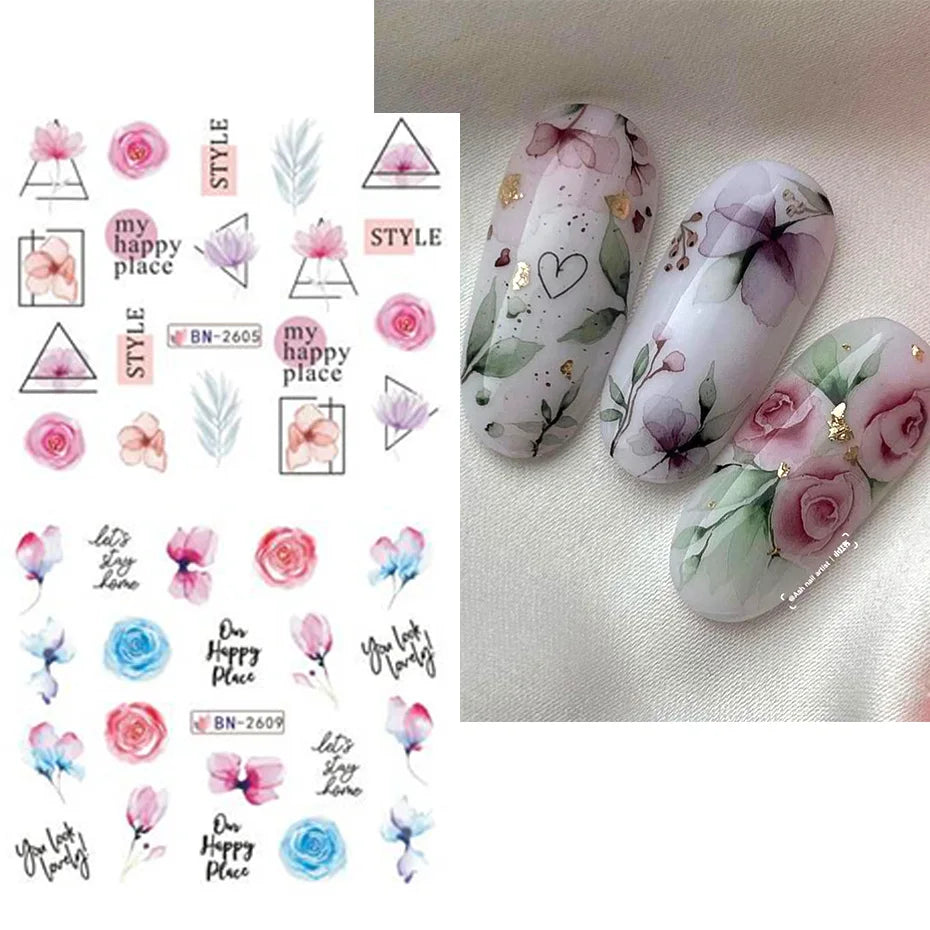 12 PCs Nail Sticker Set Spring Summer Water Decal Nail Art Ink Flowers Leaves Graffiti Slider for Nail Decoration Foils Tattoo