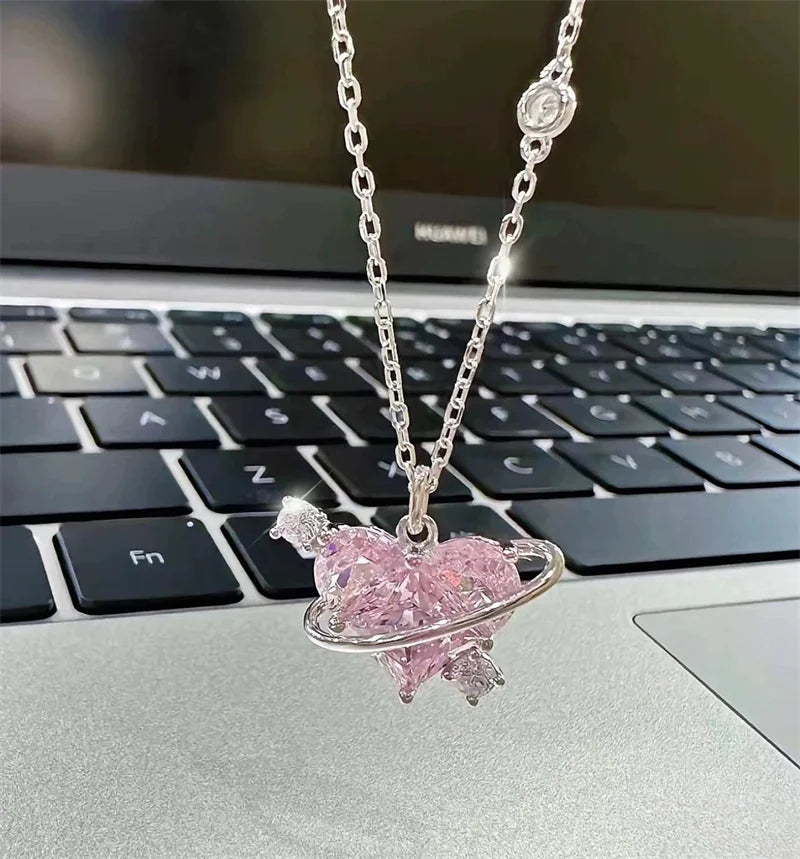 Y2K Pink Planet Heart Zircon Pendant Necklaces Women Fashion Aesthetic Clavicle Chain Necklace Valentines Day Gift Party Jewelry