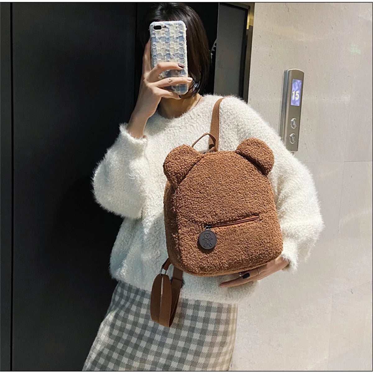 1Pcs Cute Bear Ear Fleece Small Backpack Kids Girls Casual Warm Lambswool Daypack Bag Schoolbag Rucksack for Travel Shopping-LJX