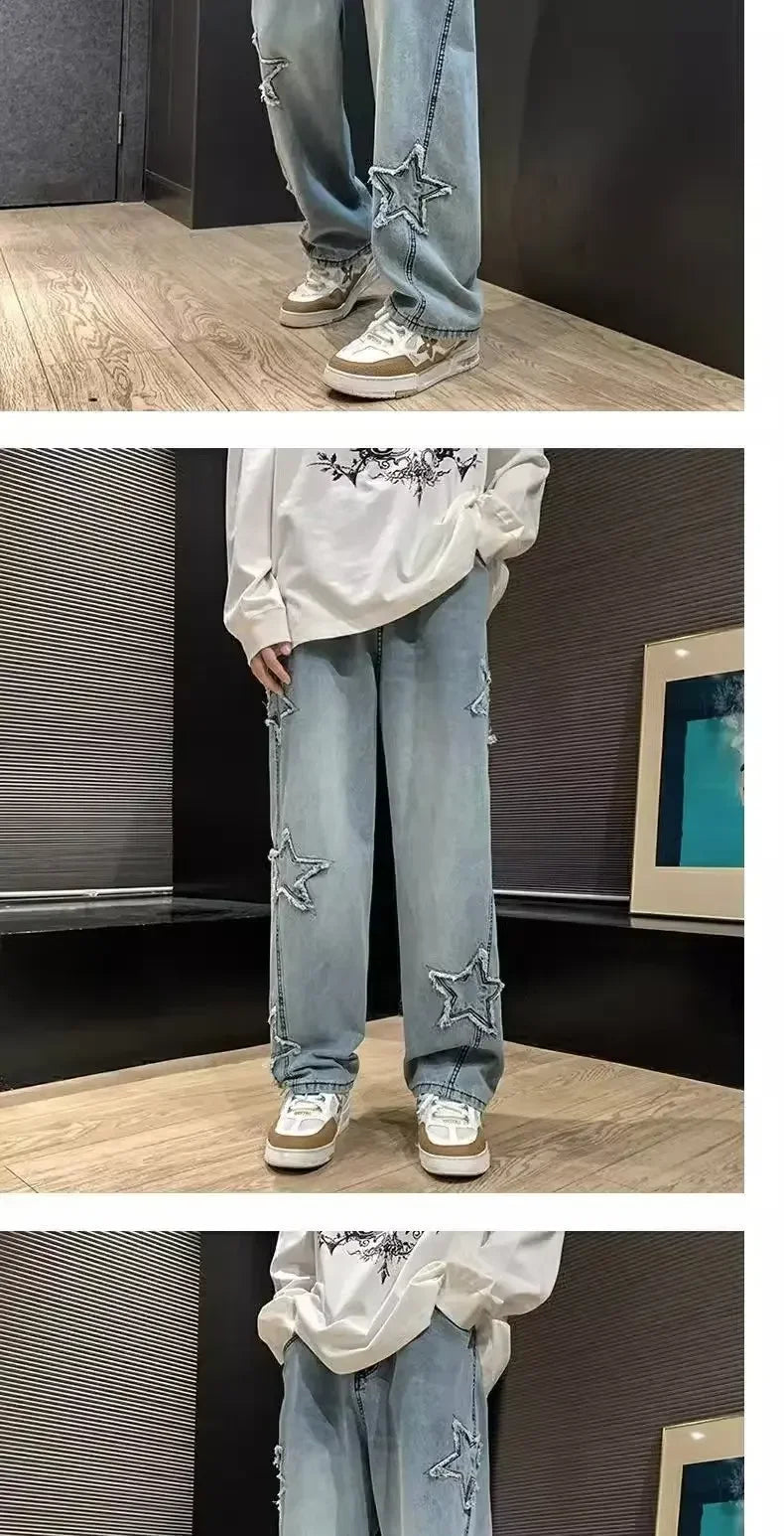 Stars Patchwork Men Jeans New Fashion Y2K Tassel Pants Korea Clothes Straight Hip Hop Splicing Trousers Male Streetwear