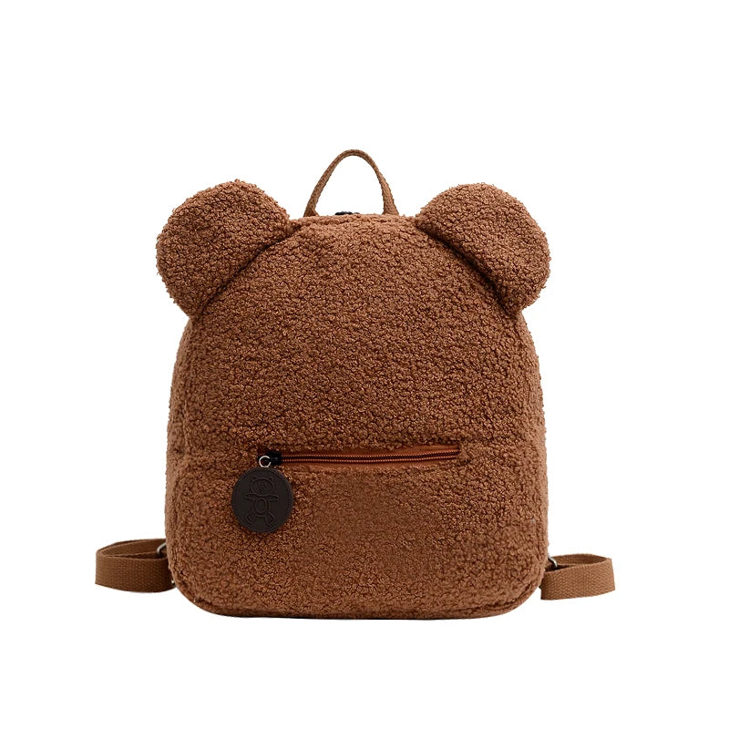 1Pcs Cute Bear Ear Fleece Small Backpack Kids Girls Casual Warm Lambswool Daypack Bag Schoolbag Rucksack for Travel Shopping