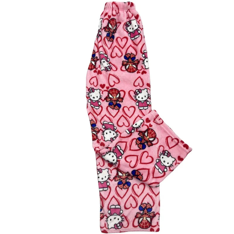 Hello Kitty Spider-man Cotton Velvet Loose Pajamas Pajamas Long Pants Women's And Men's Cartoon Sleeping Casual Wear