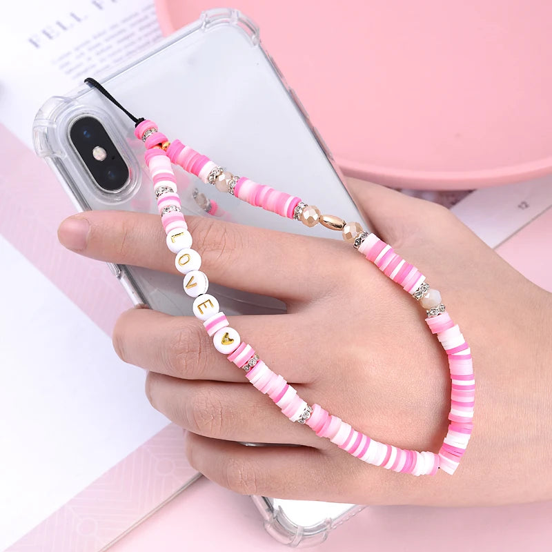 Wholesale Classic Phone Lanyard Charm Acrylic Clay Beaded Phone Chain LOVE Letter Jewelry For Women Anti-Lost Lanyard Jewellery