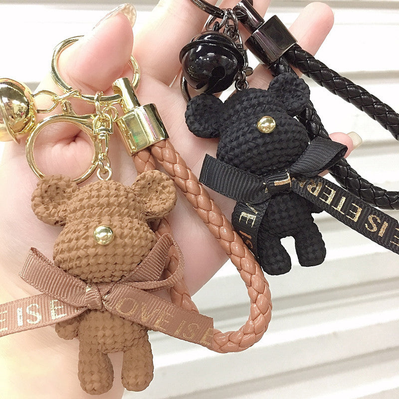 Cute Resin Woolen Little Bear Bow Rabbit Keychain Holiday Car Key Ring For Girls Creative Gift Weaving Fashion Doll Bag Pendant