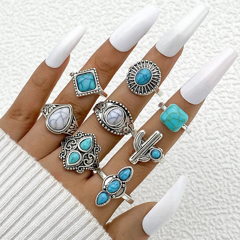 Tocona Vintage Green Stone Romantic Flower Finger Rings Set for Women Men Ethnic Style Snake Alloy Metal Party Jewelry Anillos