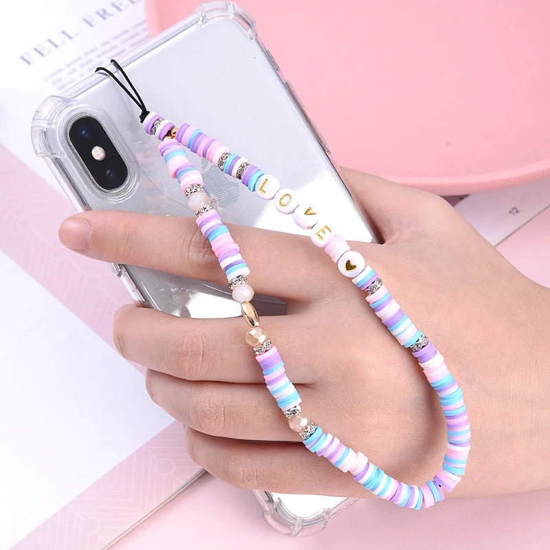 Wholesale Classic Phone Lanyard Charm Acrylic Clay Beaded Phone Chain LOVE Letter Jewelry For Women Anti-Lost Lanyard Jewellery