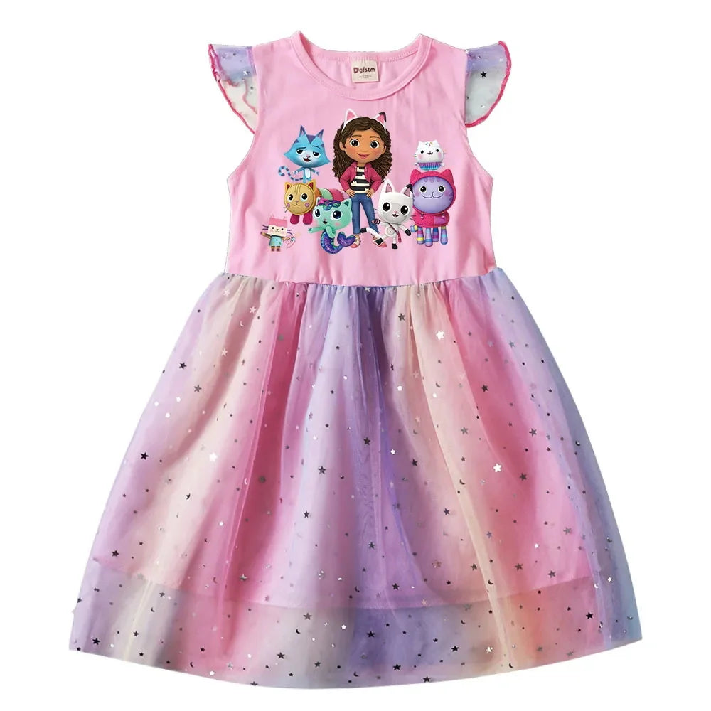 Baby Girls Dress Children Cartoon Mesh Star Sequins Princess Dress Kids Flying Sleeve Skirt +Headwear For Daily Birthday Gift