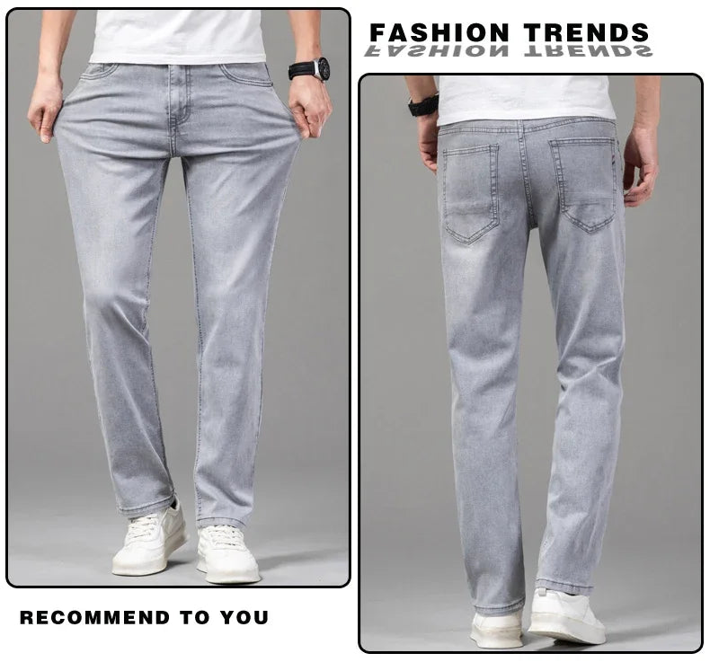 Summer Thin Men's Elastic Cotton Jeans Fashion Gray Comfortable Business Straight Casual Pants Brand Male Clothes Trousers