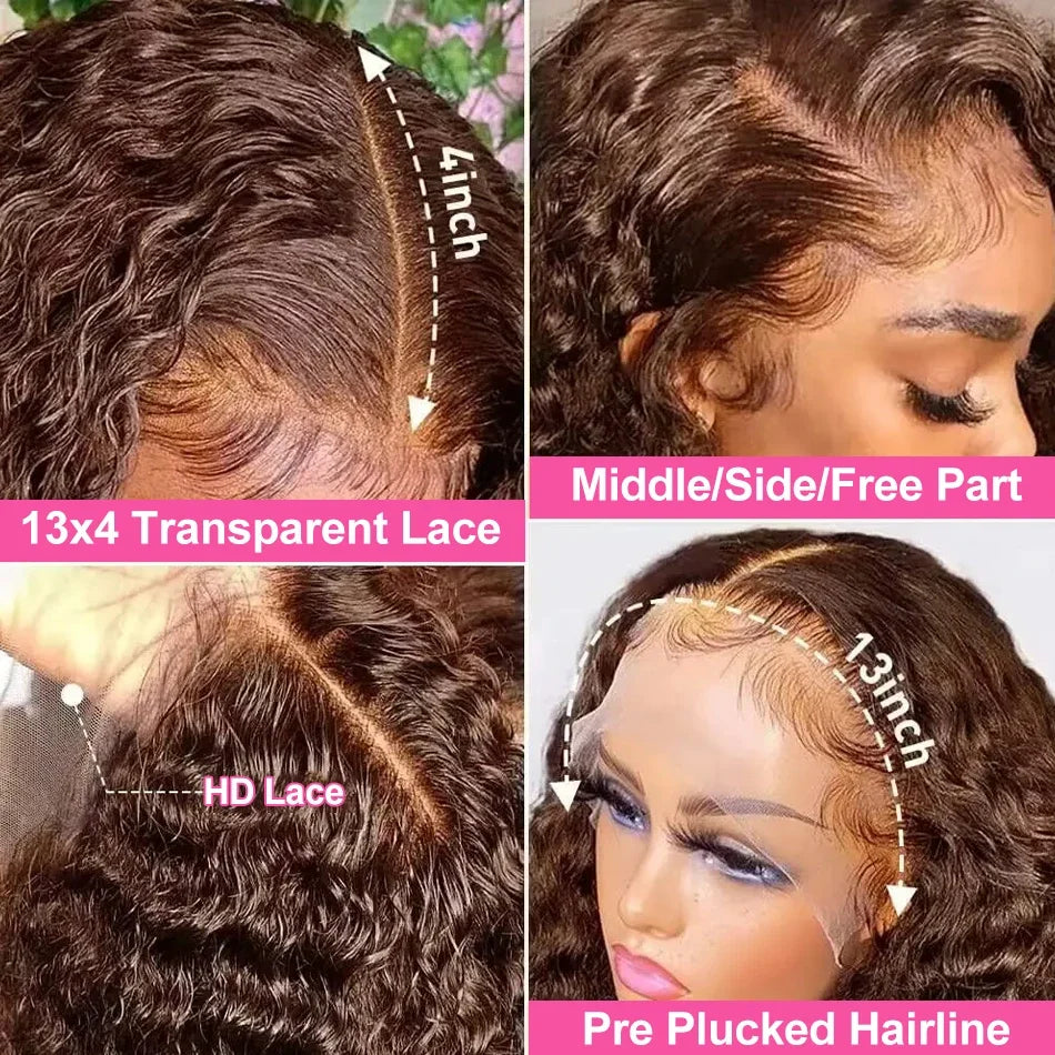 Chocolate Brown Deep Wave Frontal Wig 13x4 HD Transparent Curly Lace Front Human Hair Wigs Bleached Brazilian Brown Colored Wigs