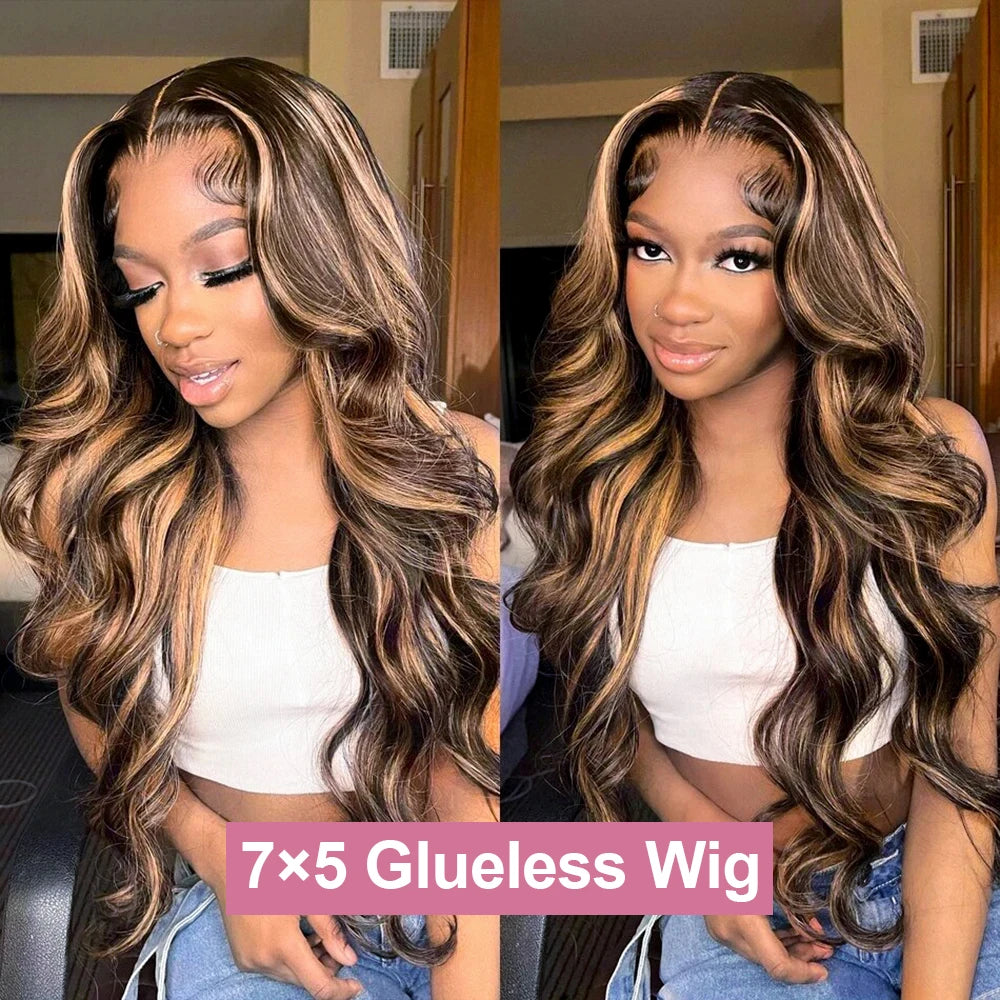 250% Body Wave Glueless Wig Highlight Ombre 7x5 Lace Frontal Wig Brazilian 4/27 Color Ready To Go 13x4 Human Hair Wigs For Women