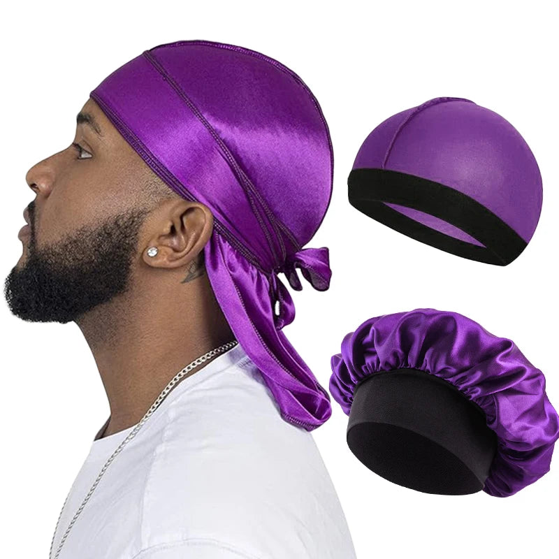 3PCS/LOT Men Silky Durag Long Tail Pirate Hat Headband Turban Dome Wave Cap Unisex Wig Cap Elastic Band Satin Bonnet