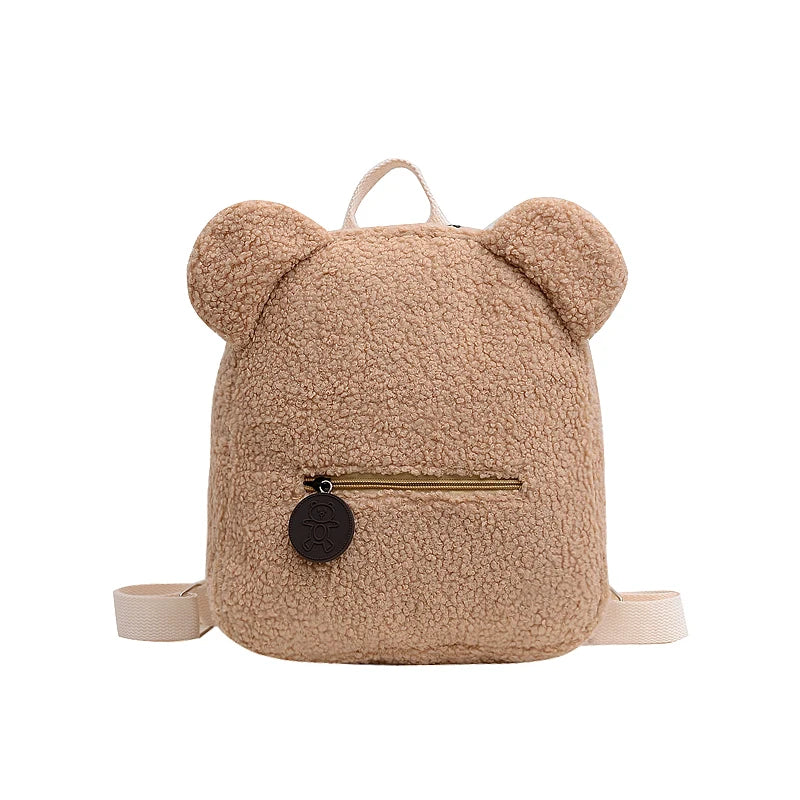 1Pcs Cute Bear Ear Fleece Small Backpack Kids Girls Casual Warm Lambswool Daypack Bag Schoolbag Rucksack for Travel Shopping