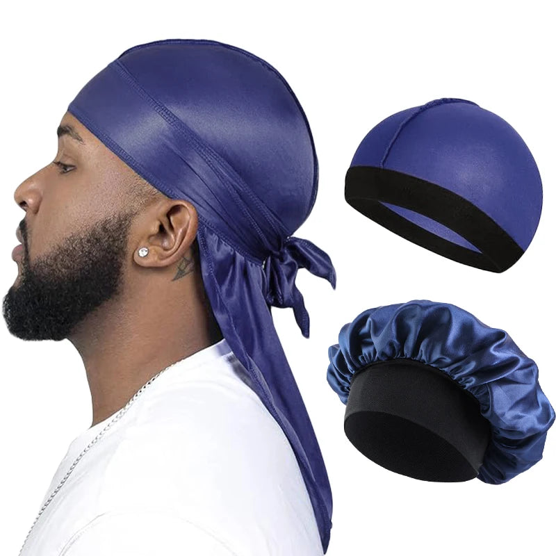 3PCS/LOT Men Silky Durag Long Tail Pirate Hat Headband Turban Dome Wave Cap Unisex Wig Cap Elastic Band Satin Bonnet