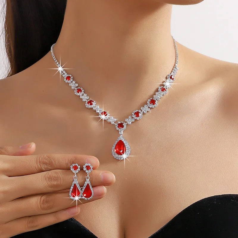 2pcs/set Jewelry Sets Women Elegant Waterdrop Rhinestone Pendant Necklace stud Earrings Wedding Dress Bridal Jewelry Set