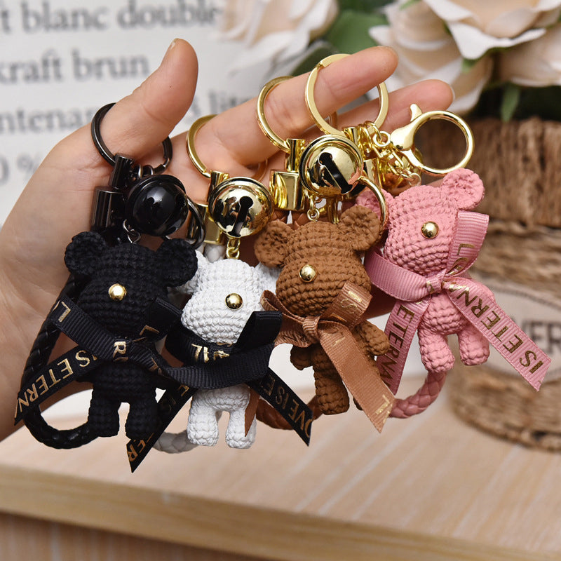 Cute Resin Woolen Little Bear Bow Rabbit Keychain Holiday Car Key Ring For Girls Creative Gift Weaving Fashion Doll Bag Pendant