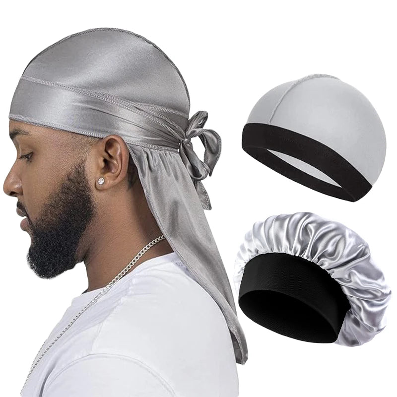 3PCS/LOT Men Silky Durag Long Tail Pirate Hat Headband Turban Dome Wave Cap Unisex Wig Cap Elastic Band Satin Bonnet