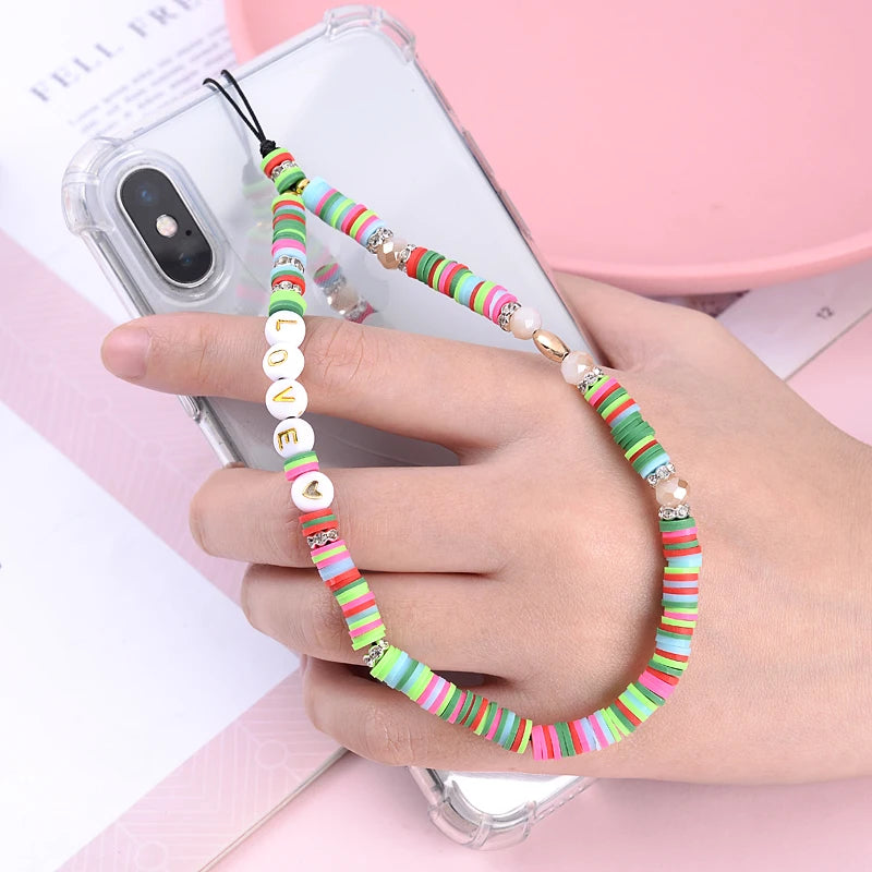 Wholesale Classic Phone Lanyard Charm Acrylic Clay Beaded Phone Chain LOVE Letter Jewelry For Women Anti-Lost Lanyard Jewellery