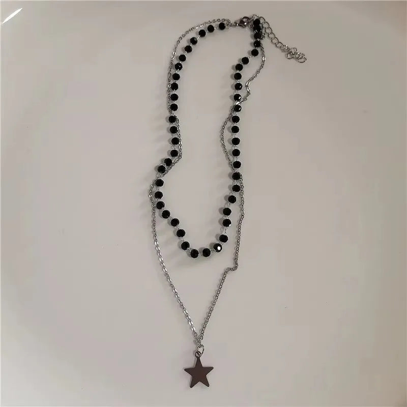 Punk Y2K Grunge Black Star Pendant Beaded Silver Color Chain Choker Necklace For Women Men Goth Charm EMO 2000s Jewely Accessory