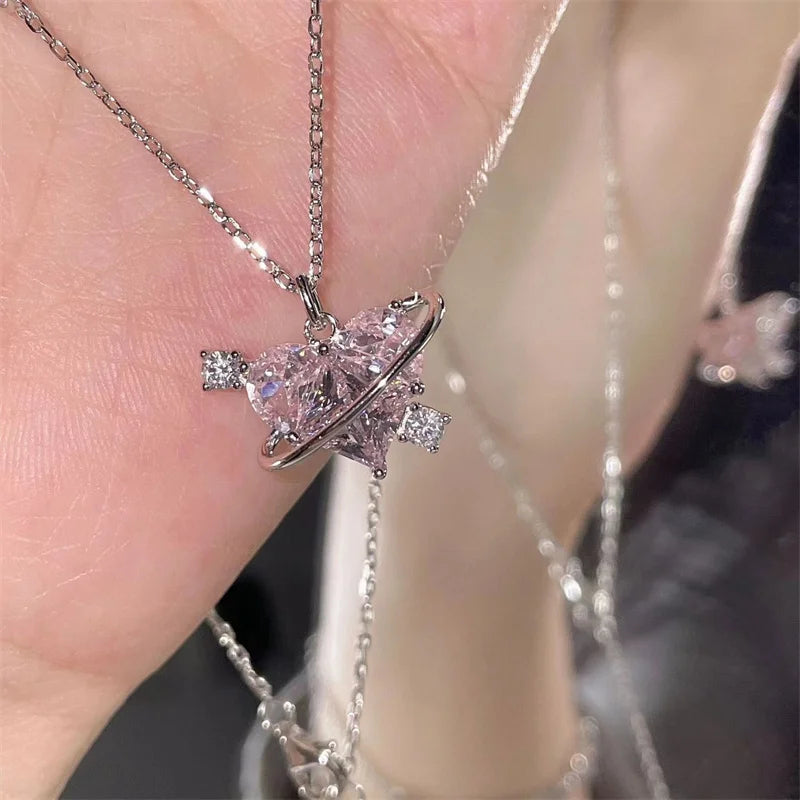 Y2K Pink Planet Heart Zircon Pendant Necklaces Women Fashion Aesthetic Clavicle Chain Necklace Valentines Day Gift Party Jewelry