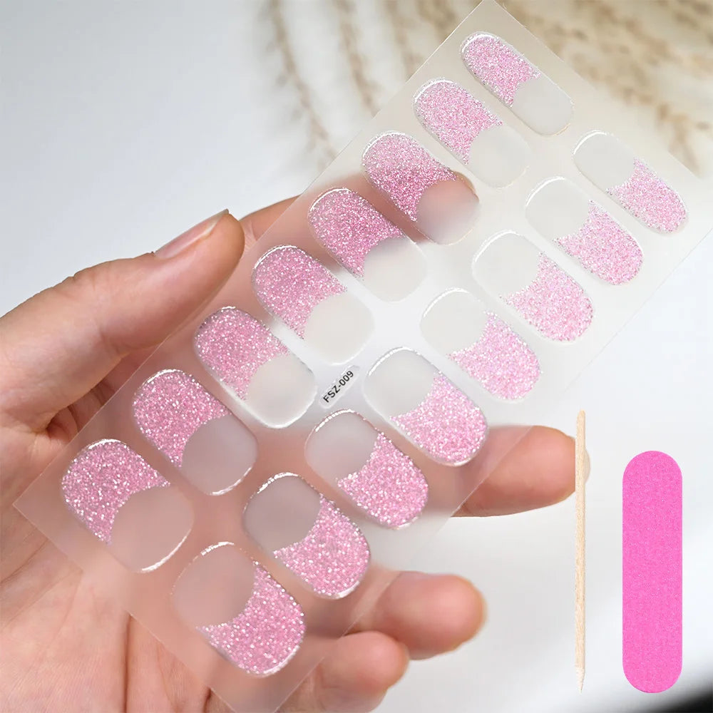 16Tips French UV Semi-Cured Nail Art Stickers 6-colors Full Cover Gel Nail Decal LongLasting For UV Lamp Adhesive Manicure Patch