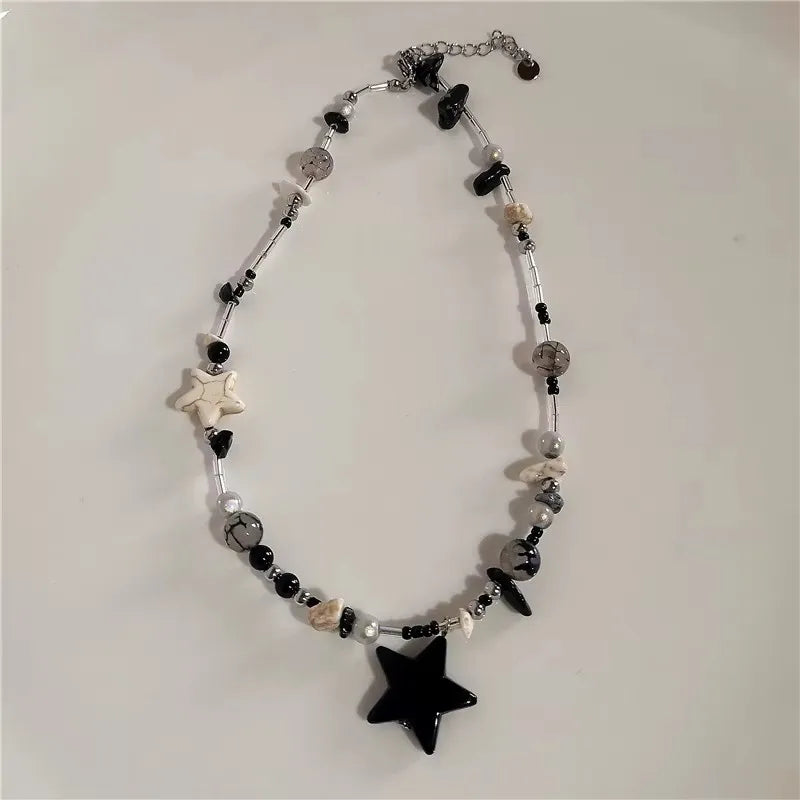 Punk Y2K Grunge Black Star Pendant Beaded Silver Color Chain Choker Necklace For Women Men Goth Charm EMO 2000s Jewely Accessory