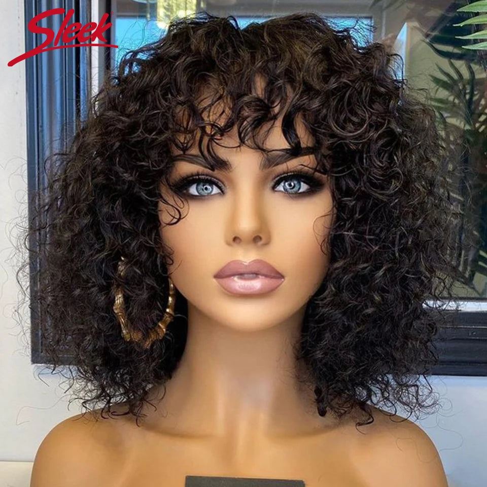 Jerry Curly Glueless Wig Highlight P4/30/27 Water Wave Short Pixie Bob Cut Human Hair Wigs With Bangs Blonde Wigs For Women