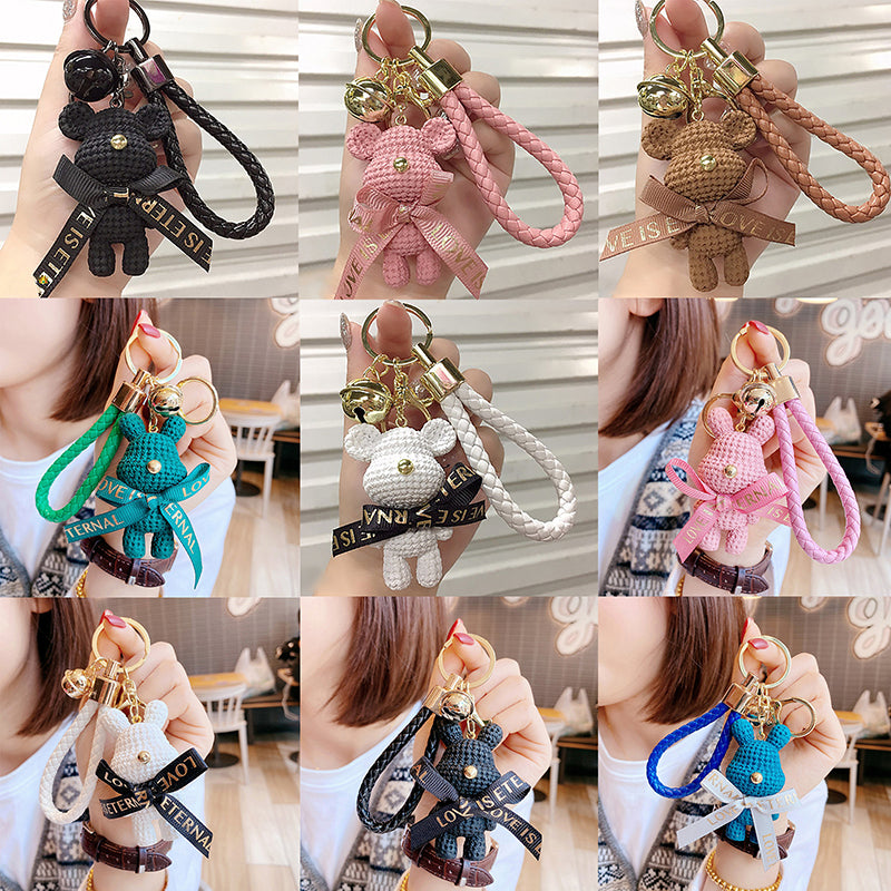 Cute Resin Woolen Little Bear Bow Rabbit Keychain Holiday Car Key Ring For Girls Creative Gift Weaving Fashion Doll Bag Pendant