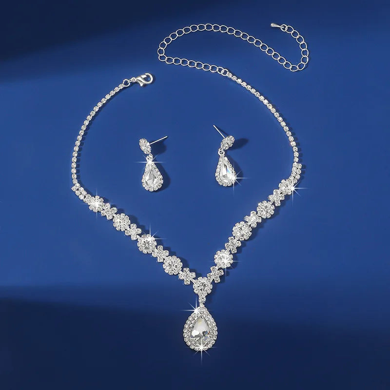 2pcs/set Jewelry Sets Women Elegant Waterdrop Rhinestone Pendant Necklace stud Earrings Wedding Dress Bridal Jewelry Set