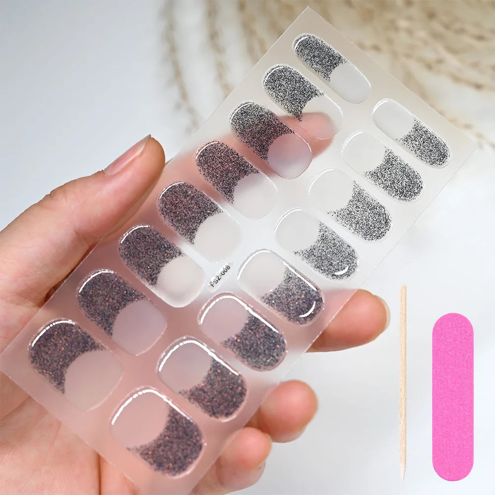 16Tips French UV Semi-Cured Nail Art Stickers 6-colors Full Cover Gel Nail Decal LongLasting For UV Lamp Adhesive Manicure Patch