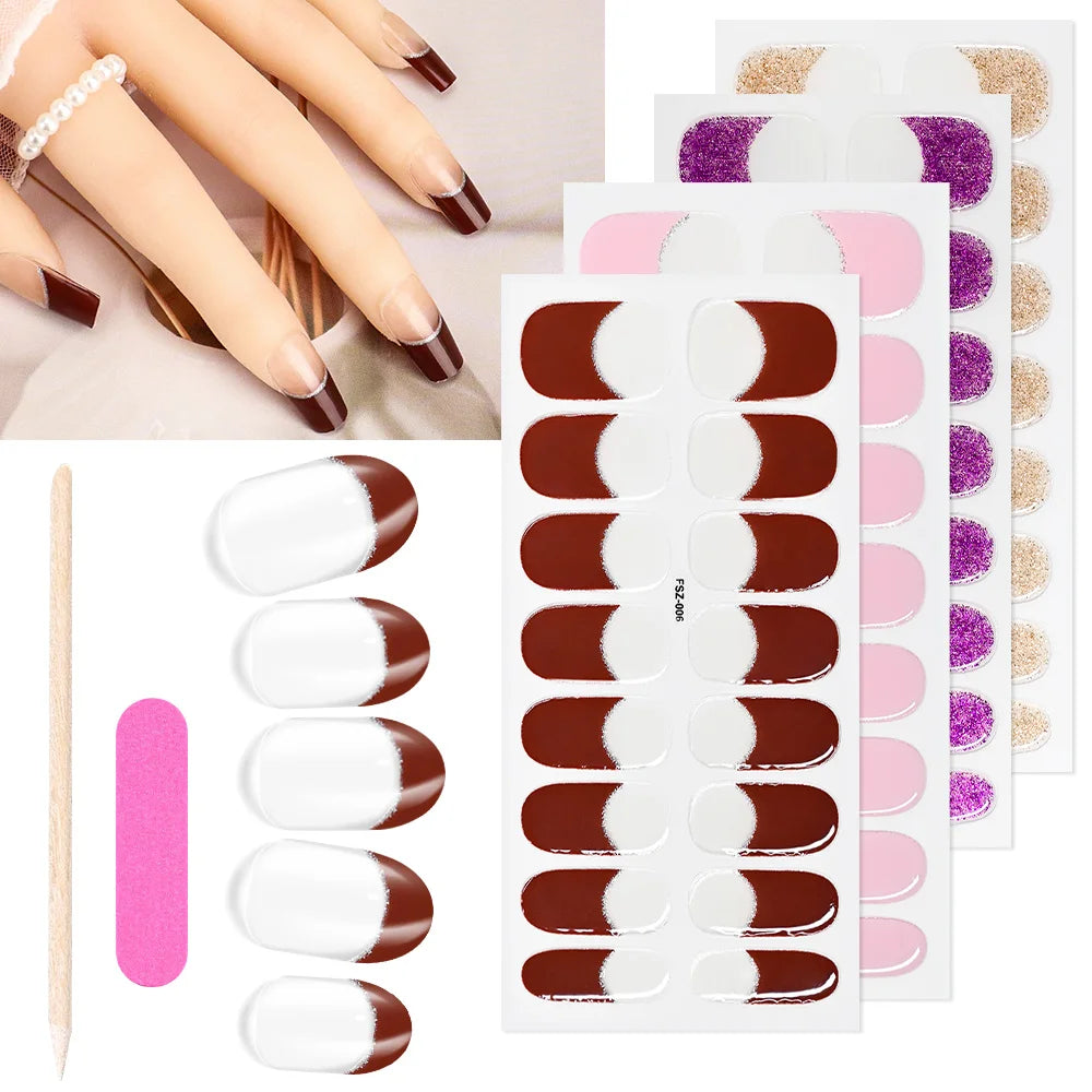 16Tips French UV Semi-Cured Nail Art Stickers 6-colors Full Cover Gel Nail Decal LongLasting For UV Lamp Adhesive Manicure Patch